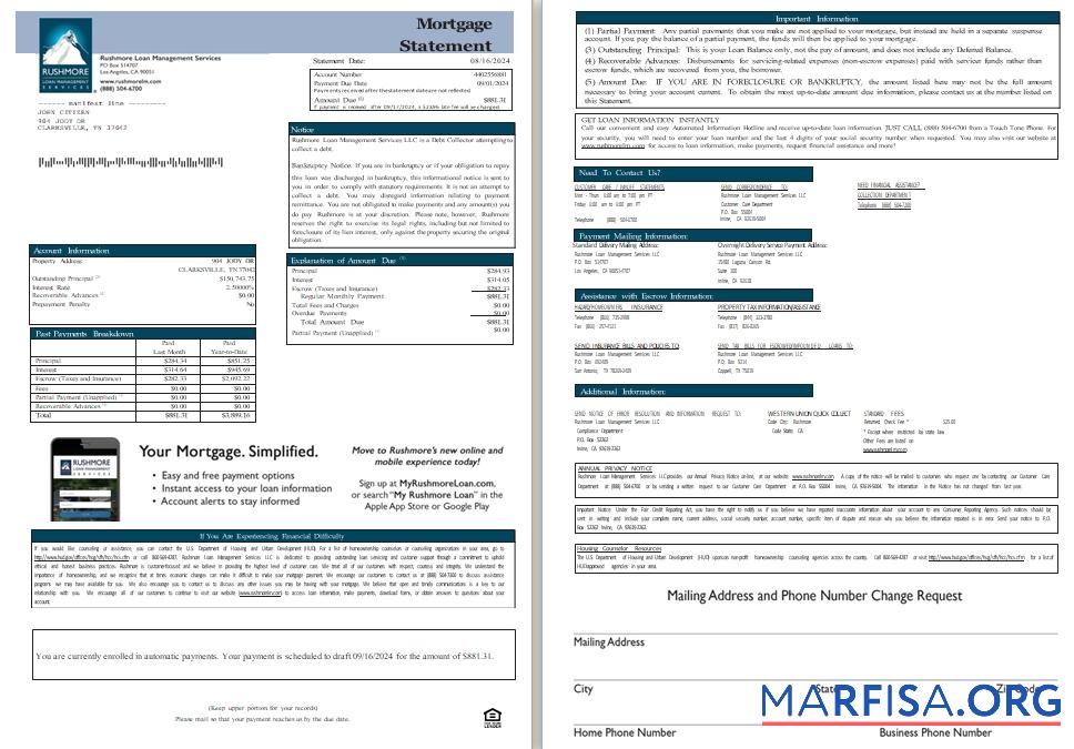 Printable USA California Rushmore Loan Management Services LLC mortgage statement, 3 pages, 1 2scr real example